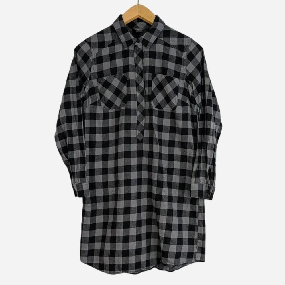 Eddie‎ Bauer Women's Gray Black Plaid Flannel Shirt Tunic Size 10